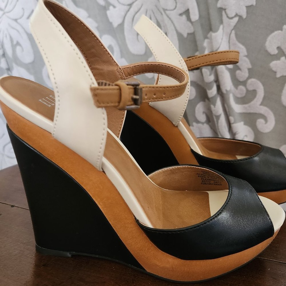 Elle Black, White and Tan Wedge Sandals